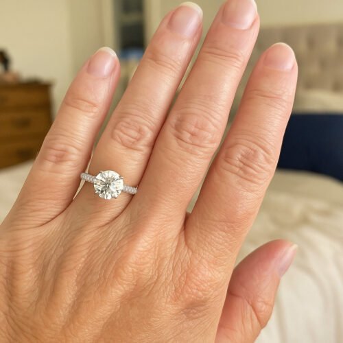 Click to view full screen Round Cut 5.05ct EF VS1 IGI Certified Lab Diamond Engagement Ring with 0.82ctw Side Stones & Hidden Halo in 14K Gold – Pave Band Setting photo review