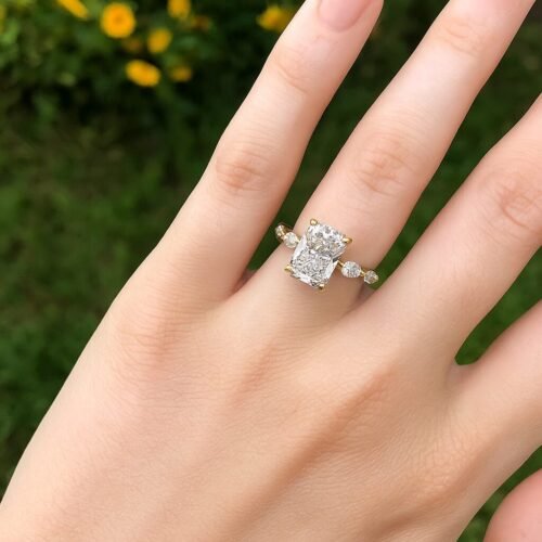 3ct Radiant Cut E-F VS1 IGI Certified Lab Diamond Engagement Ring in 14K Yellow Gold – Marquise & Round Side Stones photo review