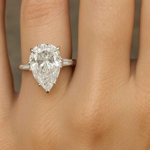 Click to view full screen 4.98ct EF VS1 IGI Certified Pear Cut Lab Diamond Engagement Ring in 14K Gold – Three Stone with Tapered Baguettes photo review