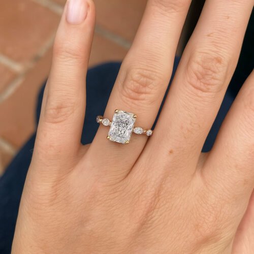 3ct Radiant Cut E-F VS1 IGI Certified Lab Diamond Engagement Ring in 14K Yellow Gold – Marquise & Round Side Stones photo review