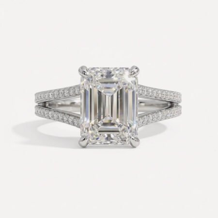 3.12ct Emerald Cut Lab Grown Diamond Split Shank Engagement Ring 14K White Gold E/VVS1 IGI Certified