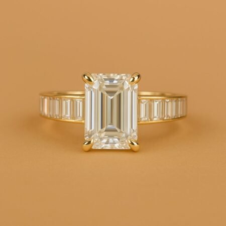 5.00 Ct Emerald Cut CVD Diamond Engagement Ring with Baguette Band in 14K Gold – IGI Certified