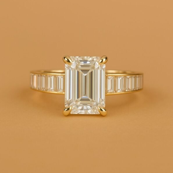 5.00 Ct Emerald Cut CVD Diamond Engagement Ring with Baguette Band in 14K Gold – IGI Certified