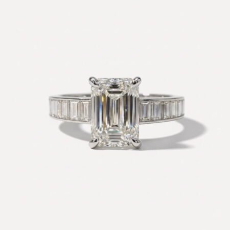 2.52 Ct Emerald Cut Lab Grown Diamond with Baguette band Engagement Ring 14K White Gold E/VVS1 IGI Certified