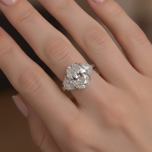 4.31ct EF VS1 IGI Certified Oval Cut Lab Diamond Three Stone Engagement Ring in 14K Gold – Trapezoid Side Stones photo review