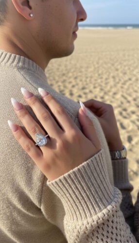 Click to view full screen Pear Cut 1.5 Carat F/VS1 IGI Certified Lab Diamond Halo Engagement Ring in 14K White Gold – Side Round Diamonds, High Polish Finish photo review