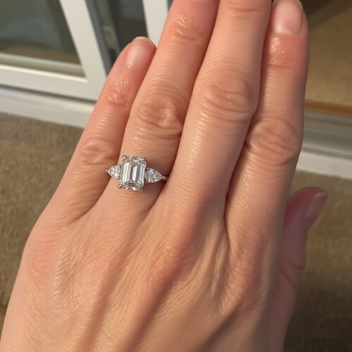 2.31ct Emerald Cut E-F VS1 IGI Certified Lab Diamond Engagement Ring in 14K Gold – Three Stone Setting photo review