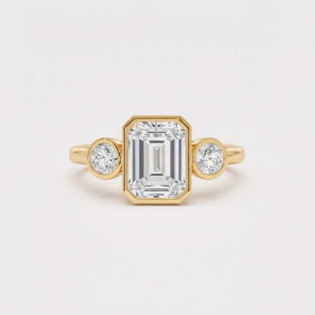 1.89 ctw Three Stone Lab Diamond Ring | 1.55 ct Emerald Cut Center | Bezel Set | Solid Gold
