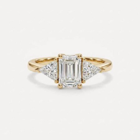 1.52ct Emerald Cut Lab Grown Diamond Ring, IGI Certified, 2.25ctw Three Stone Trillion Setting, EF/VS1 CVD, 14K Gold Engagement Ring