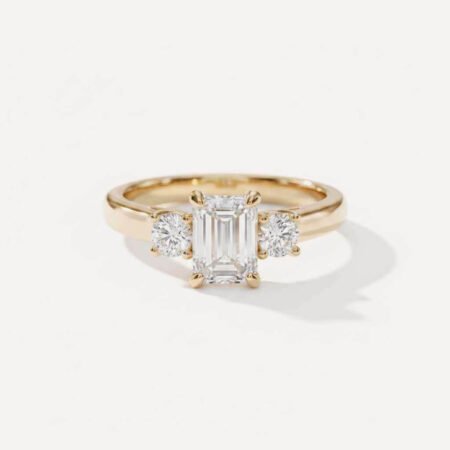 1.52ct IGI Certified Emerald Cut Lab Grown Diamond Ring, Round Side Stones 14K Gold