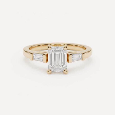 1.53ct Emerald Cut IGI Certified E/VS1 Lab Grown Diamond Ring, Baguette Side Stones, 1.78ctw Three Stone Setting