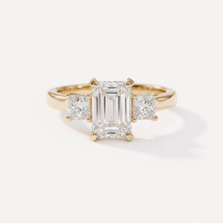 1.52ct Emerald Cut Lab Grown Diamond Ring, IGI Certified, Princess Cut Side Stones, 1.75ctw Three Stone Setting