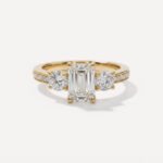1.96 ctw Emerald Cut Lab Diamond Three Stone Ring | IGI Certified | Pavé Band | 14K Gold