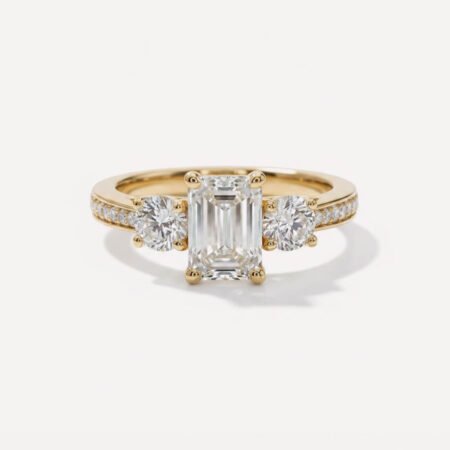 1.96 ctw Emerald Cut Lab Diamond Three Stone Ring | IGI Certified | Pavé Band | 14K Gold