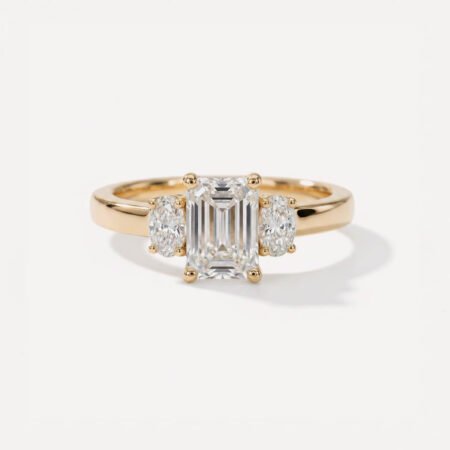 1.85 ctw IGI Certified E/VS1 Emerald Cut Lab Grown Diamond Three Stone Ring | Oval Sides | 18K Gold