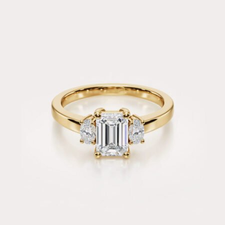 1.85 ctw Emerald Cut Lab Diamond Three Stone Ring | Oval Sides | IGI Certified | 14K Gold