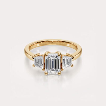 2.03 ctw Emerald Cut Lab Diamond Three Stone Ring | Trapezoid Sides | IGI Certified | 14K Gold