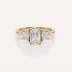 2.03 ctw IGI Certified E/VS1 Emerald Cut Lab Grown Diamond Three Stone Ring | Trapezoid Sides | 14K Gold