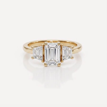 2.03 ctw IGI Certified E/VS1 Emerald Cut Lab Grown Diamond Three Stone Ring | Trapezoid Sides | 14K Gold