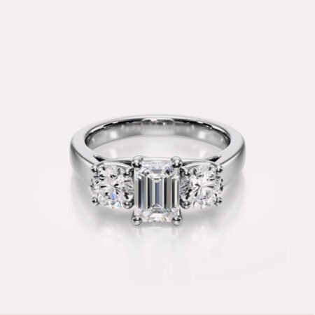 2.55 ctw Emerald Cut Lab Diamond Three Stone Ring | IGI Certified | Round Sides | 14K Gold