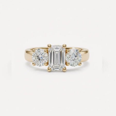 2.55 ctw Emerald Cut E/VS1 Lab Grown Diamond Three Stone Ring | IGI Certified | Round Sides | 14K Gold