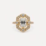 2.08ct Emerald Cut Lab Grown Diamond Ring, Art Deco Geometric Halo, 14K Gold, IGI Certified EF/VS1