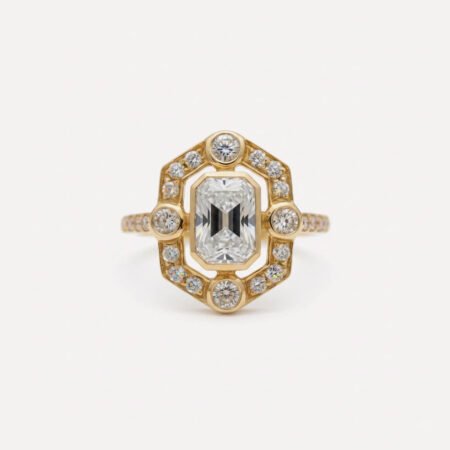 2.08ct Emerald Cut Lab Grown Diamond Ring, Art Deco Geometric Halo, 14K Gold, IGI Certified EF/VS1