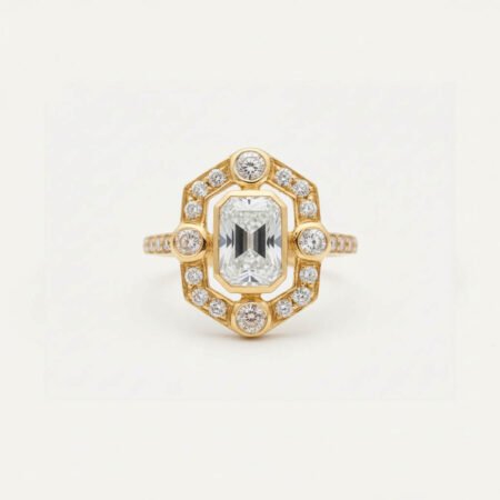 2.08ct Emerald Cut Lab Grown Diamond Ring, Art Deco Geometric Halo, 14K Gold, IGI Certified EF/VS1