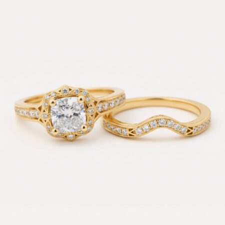 2.55ctw Cushion Lab Grown Diamond Bridal Set, Vintage Halo Engagement Ring & Band, 14K Gold, IGI Certified EF/VS1