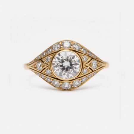 1.08ct Round Lab Grown Diamond Ring, Art Deco Shield Halo, 14K Gold, IGI Certified EF/VS1