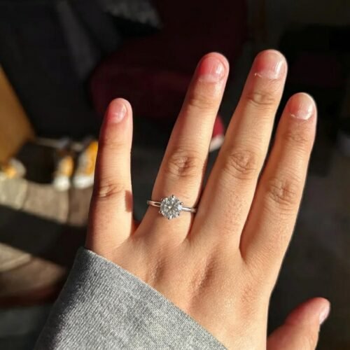 Click to view full screen Ready to ship 1 Carat Round Cut Lab Grown Diamond Solitaire Engagement Ring in 14K White Gold with Knife Edge Band – Ethical Minimalist Ring photo review