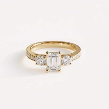 Ready to ship 2.19 ctw Emerald Cut Lab Diamond Three Stone Ring | IGI Certified | Pavé Band | 14K Gold