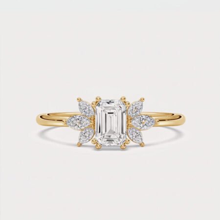 0.72ct Emerald Cut Lab Grown Diamond Engagement Ring, 14K Gold, IGI Certified, Floral Cluster Accents