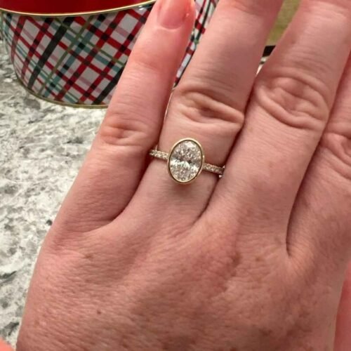 2.77ct Oval Cut E-F VS1 IGI Certified Lab Diamond Engagement Ring in 14K Gold – Bezel Set Hidden Halo Design photo review