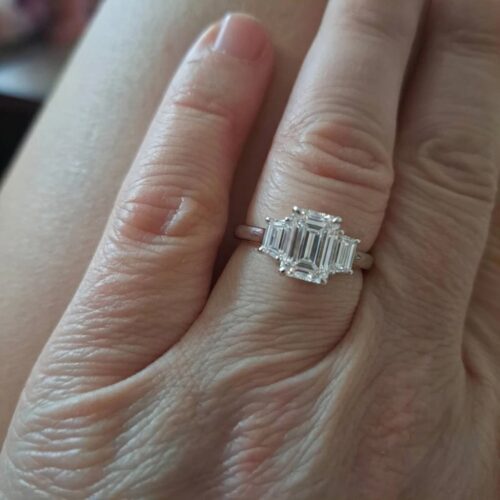 3.03 Ct E/VVS1 IGI Certified Emerald Cut Lab Grown Diamond Ring | Trapezoid Side Stones | Three Stone Engagement Ring | 14K White Gold Ring photo review