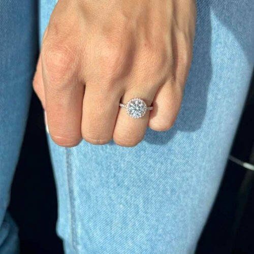 Click to view full screen Round Cut 2 Carat F/VS1 IGI Certified Lab Diamond Halo Engagement Ring in 14K Rose Gold – Side Round Diamonds, High Polish Finish photo review