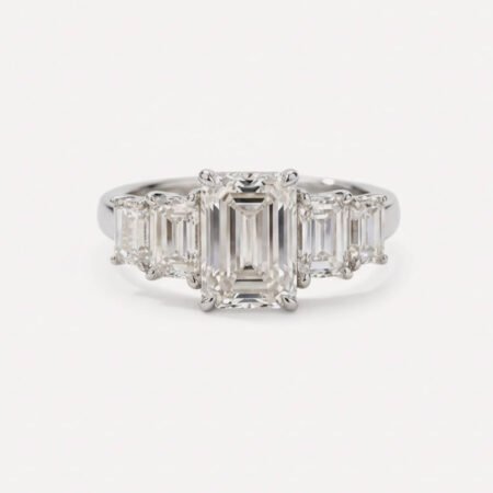 4.95 ctw IGI Certified Emerald Cut Lab Grown Diamond Ring with Side Stones | Five Stone Engagement Ring | 14K White Gold