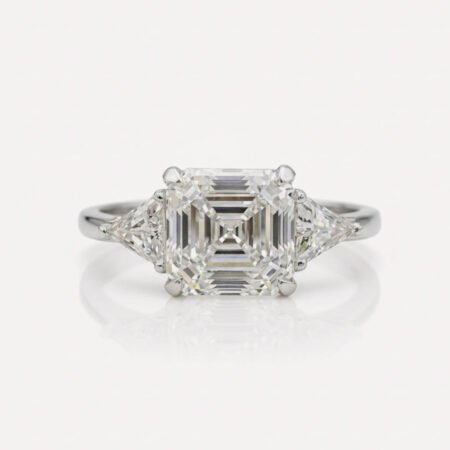 3.89 Ct IGI Certified Asscher Cut Lab Grown Diamond Ring with Triangle Side Stones | Three Stone Engagement Ring | 14K White Gold