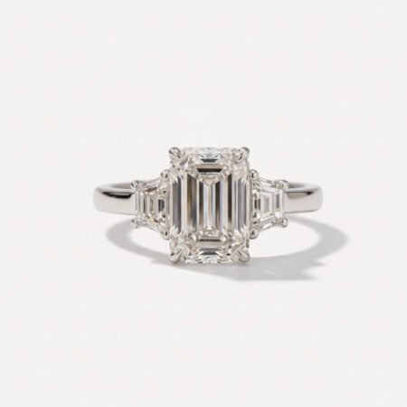 2.03 Ct IGI Certified Emerald Cut Lab Grown Diamond Ring | Trapezoid Side Stones | Three Stone Engagement Ring | 14K White Gold Ring