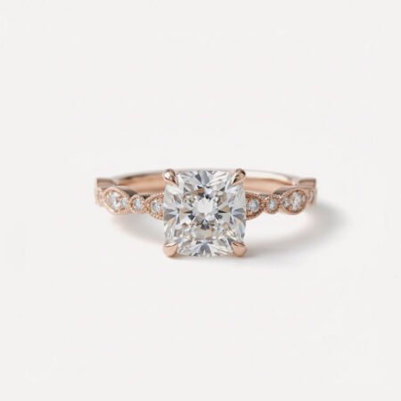 2.52 Ct Cushion Cut Lab Grown Diamond Engagement Ring Milgrain Pavé Band 14K Gold E VVS1 IGI Certified