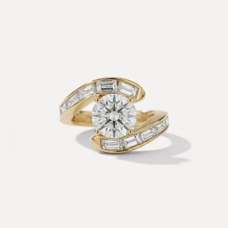 2.01 Ct Round Cut Lab Grown Diamond Engagement Ring Bypass Baguette Wrap 14K Gold IGI Certified E VVS1