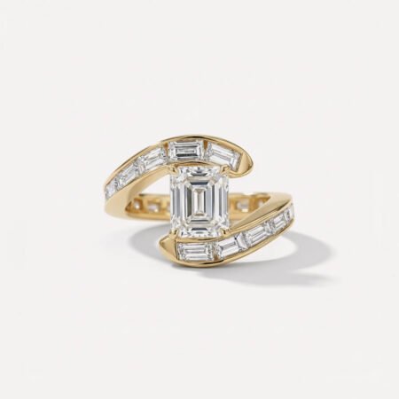 2.01 Ct Emerald Cut Lab Grown Diamond Engagement Ring Bypass Baguette Wrap 14K Gold IGI Certified E VVS1