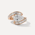 2.03 Ct Pear Cut Lab Grown Diamond Engagement Ring Bypass Baguette Wrap 14K Rose Gold IGI Certified E VVS1