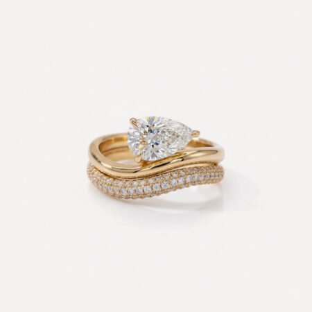 1.06 Ct Pear Cut Lab Grown Diamond Engagement Ring with 1.23 Ctw Round Pave Wedding Band Set 14K Gold IGI Certified D VS1