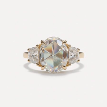 2.24 Ct Oval Rose Cut Lab Grown Diamond 3 Stone Engagement Ring Half Moon Side Stones 14K Gold VS1 IGI Certified