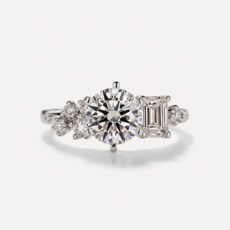 1.52 Ct Round Cut Lab Grown Diamond Engagement Ring Emerald & Round Side Stones 14K Gold VS1 IGI Certified