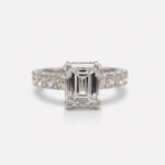 Emerald Cut Moissanite Ring 2.21CT, Hidden Halo Engagement Ring, Double Claw Prong Wedding Ring, Pave Band Bridal Ring