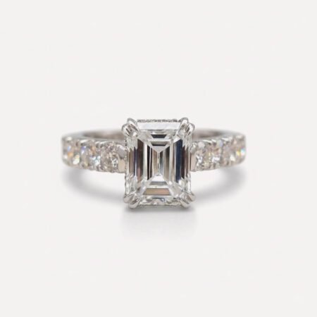 Emerald Cut Moissanite Ring 2.21CT, Hidden Halo Engagement Ring, Double Claw Prong Wedding Ring, Pave Band Bridal Ring