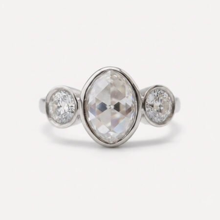 Oval Rose Cut Moissanite Bezel 3 Stone Ring, OEC Side Stones Vintage Engagement Ring, Minimalist Bridal Ring, Anniversary Ring