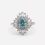 Oval Cyan Blue Moissanite Halo Ring 0.83CT, Vintage Baguette Cluster Ring, Sunburst Halo Engagement Ring, Antique Bridal Ring